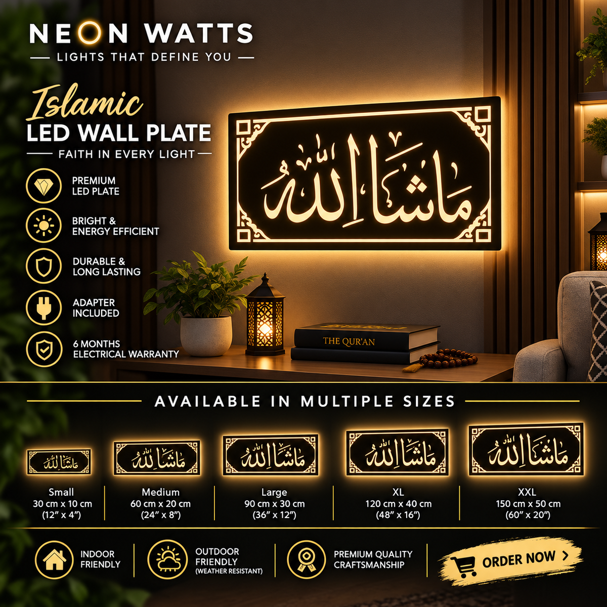 Mashallah Arabic in Rectangle LED Glow Plate